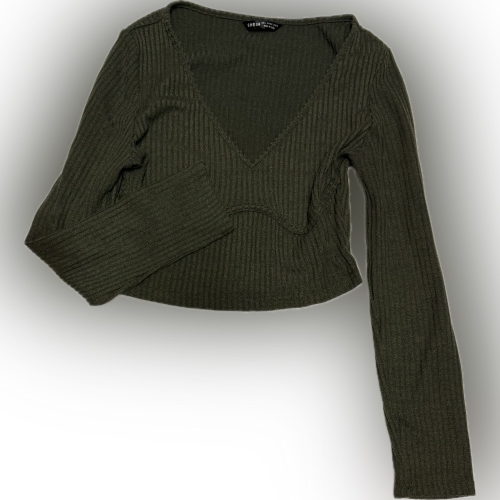 SHEIN Dark Green V-Neck Knit Top | Sz L